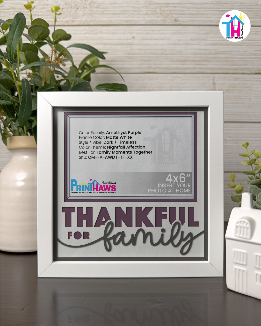 Thankful For Family - Crafted Memoirs Photo Frame By Printhaws Creations, Matte White Frame In Amethyst Purple, Nightfall Affection Theme (Dark, Timeless), 8x8 Frame Holds (4R) Photo -  For Family Moments Together