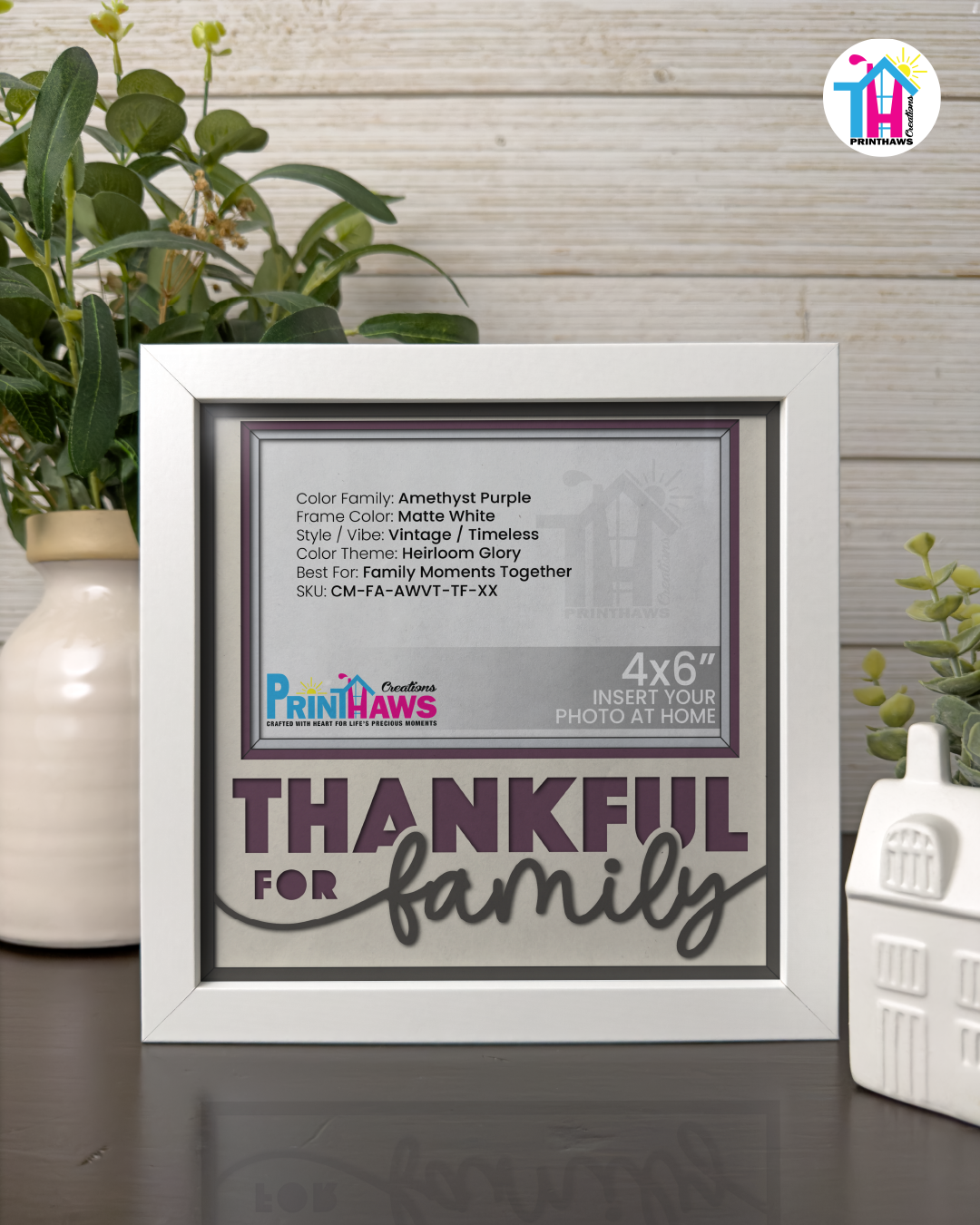 Thankful For Family - Crafted Memoirs Photo Frame By Printhaws Creations, Matte White Frame In Amethyst Purple, Heirloom Glory Theme (Vintage, Timeless), 8x8 Frame Holds (4R) Photo -  For Family Moments Together