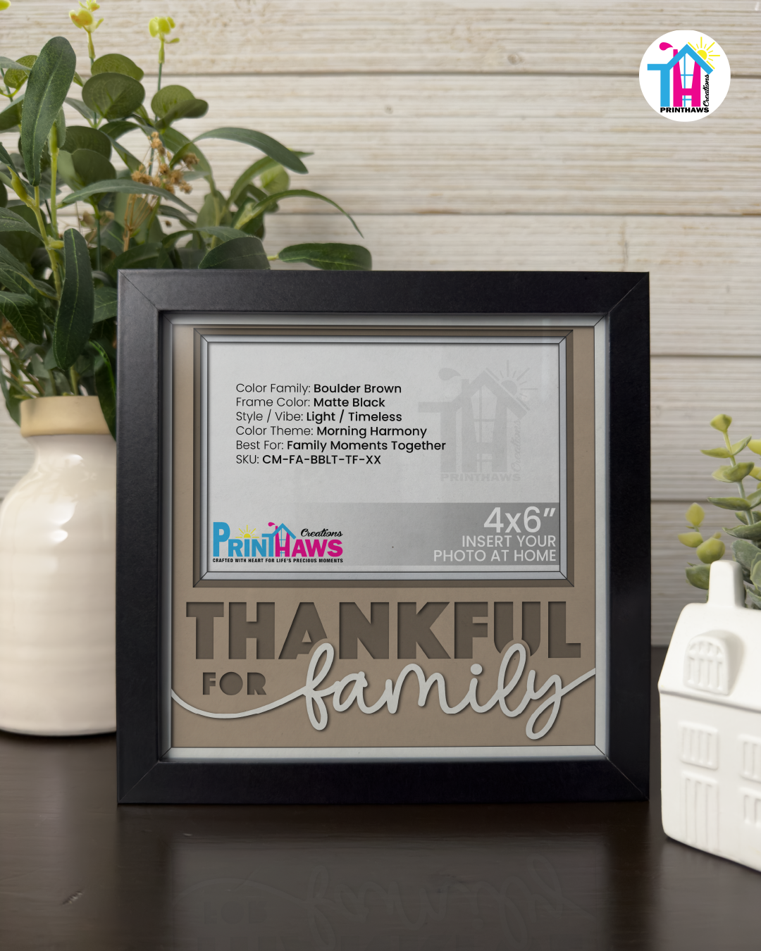 Thankful For Family - Crafted Memoirs Photo Frame By Printhaws Creations, Matte Black Frame In Boulder Brown, Morning Harmony Theme (Light, Timeless), 8x8 Frame Holds (4R) Photo -  For Family Moments Together