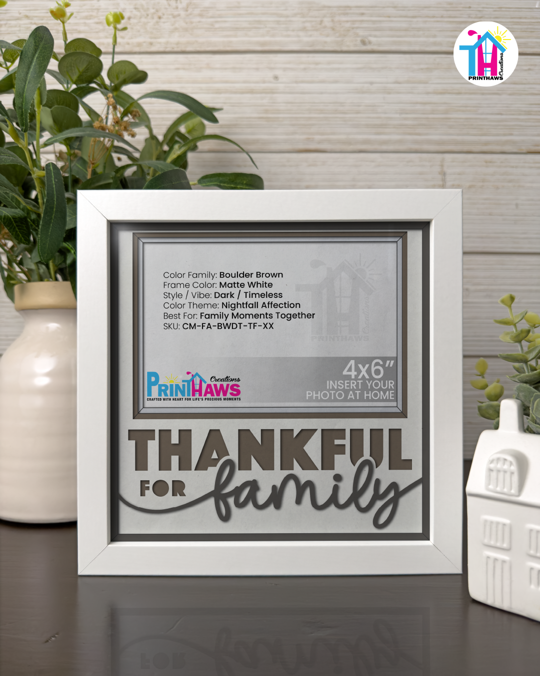 Thankful For Family - Crafted Memoirs Photo Frame By Printhaws Creations, Matte White Frame In Boulder Brown, Nightfall Affection Theme (Dark, Timeless), 8x8 Frame Holds (4R) Photo -  For Family Moments Together