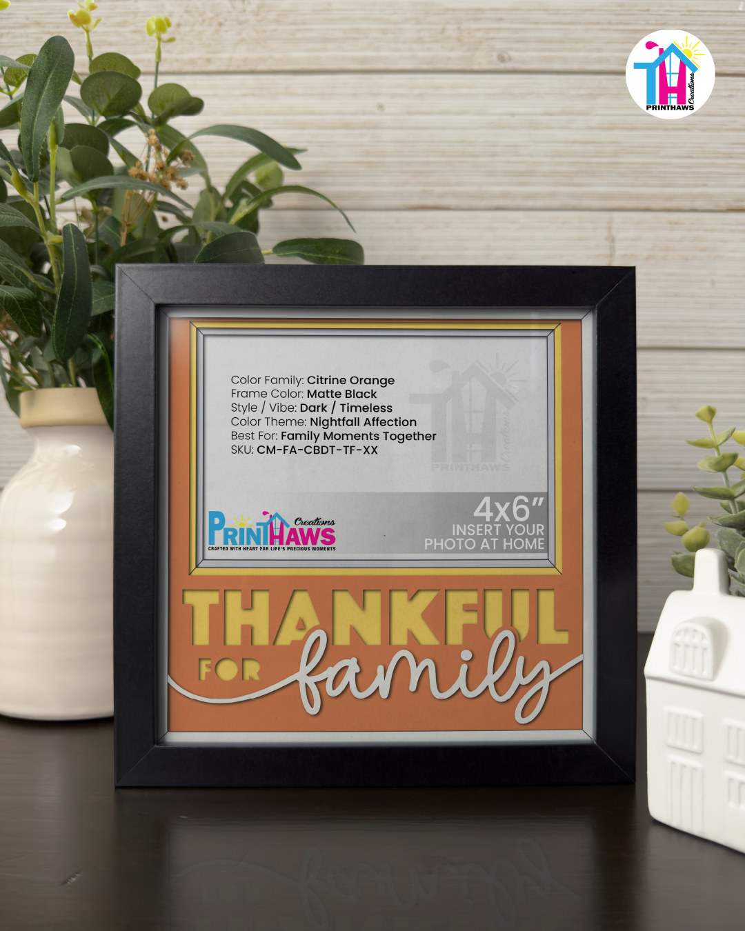 Thankful For Family - Crafted Memoirs Photo Frame By Printhaws Creations, Matte Black Frame In Citrine Orange, Nightfall Affection Theme (Dark, Timeless), 8x8 Frame Holds (4R) Photo -  For Family Moments Together