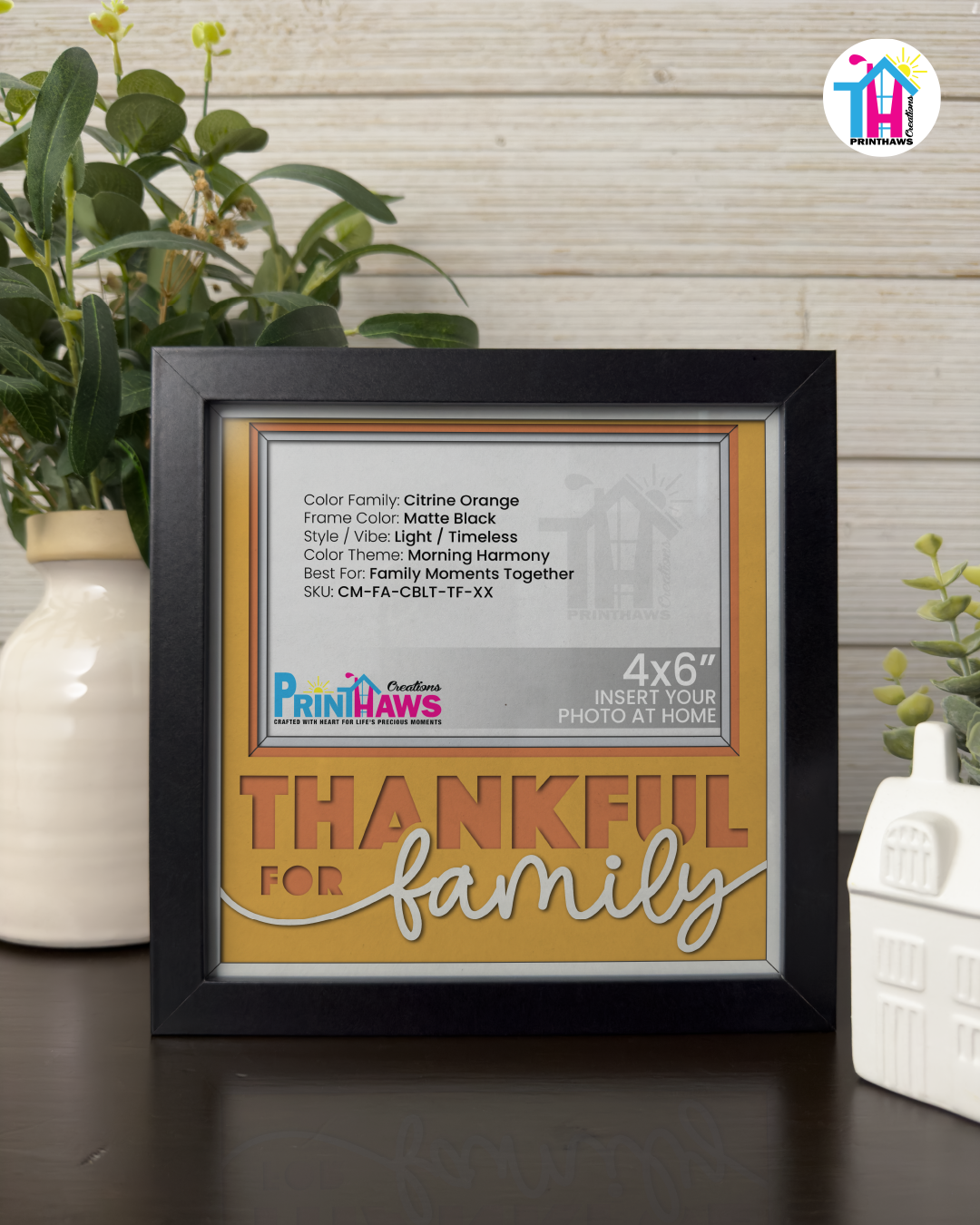 Thankful For Family - Crafted Memoirs Photo Frame By Printhaws Creations, Matte Black Frame In Citrine Orange, Morning Harmony Theme (Light, Timeless), 8x8 Frame Holds (4R) Photo -  For Family Moments Together