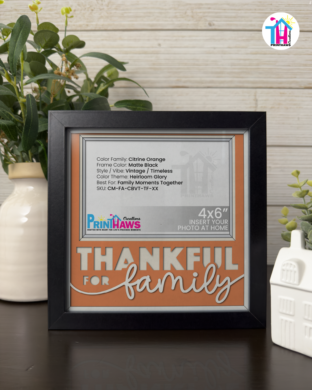 Thankful For Family - Crafted Memoirs Photo Frame By Printhaws Creations, Matte Black Frame In Citrine Orange, Heirloom Glory Theme (Vintage, Timeless), 8x8 Frame Holds (4R) Photo -  For Family Moments Together