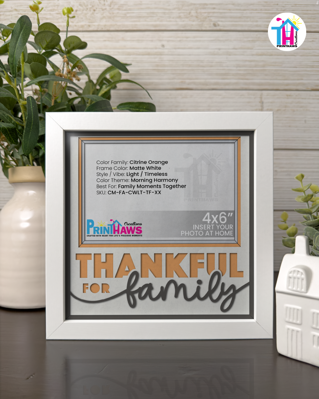 Thankful For Family - Crafted Memoirs Photo Frame By Printhaws Creations, Matte White Frame In Citrine Orange, Morning Harmony Theme (Light, Timeless), 8x8 Frame Holds (4R) Photo -  For Family Moments Together