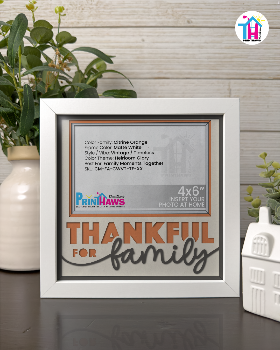 Thankful For Family - Crafted Memoirs Photo Frame By Printhaws Creations, Matte White Frame In Citrine Orange, Heirloom Glory Theme (Vintage, Timeless), 8x8 Frame Holds (4R) Photo -  For Family Moments Together