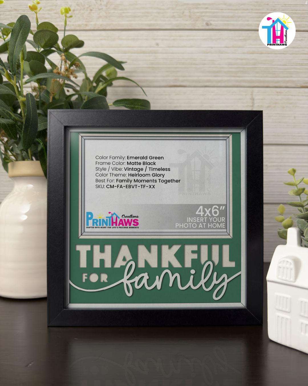 Thankful For Family - Crafted Memoirs Photo Frame By Printhaws Creations, Matte Black Frame In Emerald Green, Heirloom Glory Theme (Vintage, Timeless), 8x8 Frame Holds (4R) Photo -  For Family Moments Together