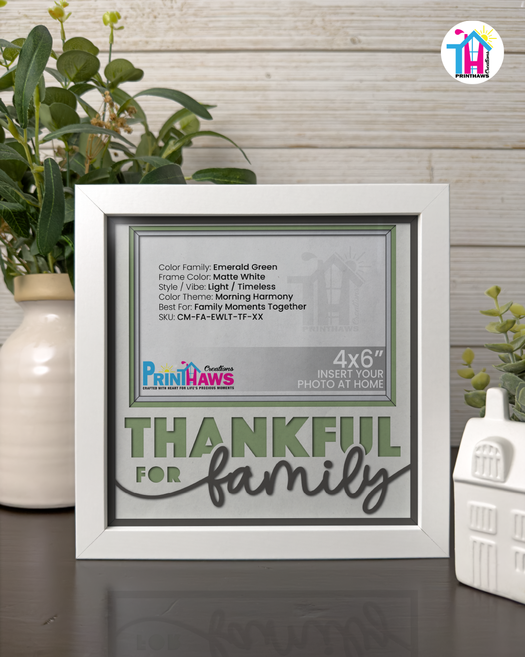 Thankful For Family - Crafted Memoirs Photo Frame By Printhaws Creations, Matte White Frame In Emerald Green, Morning Harmony Theme (Light, Timeless), 8x8 Frame Holds (4R) Photo -  For Family Moments Together
