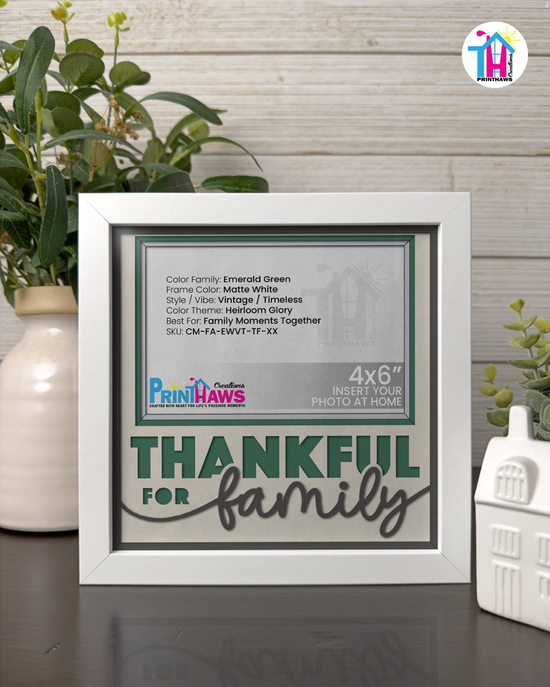 Thankful For Family - Crafted Memoirs Photo Frame By Printhaws Creations, Matte White Frame In Emerald Green, Heirloom Glory Theme (Vintage, Timeless), 8x8 Frame Holds (4R) Photo -  For Family Moments Together