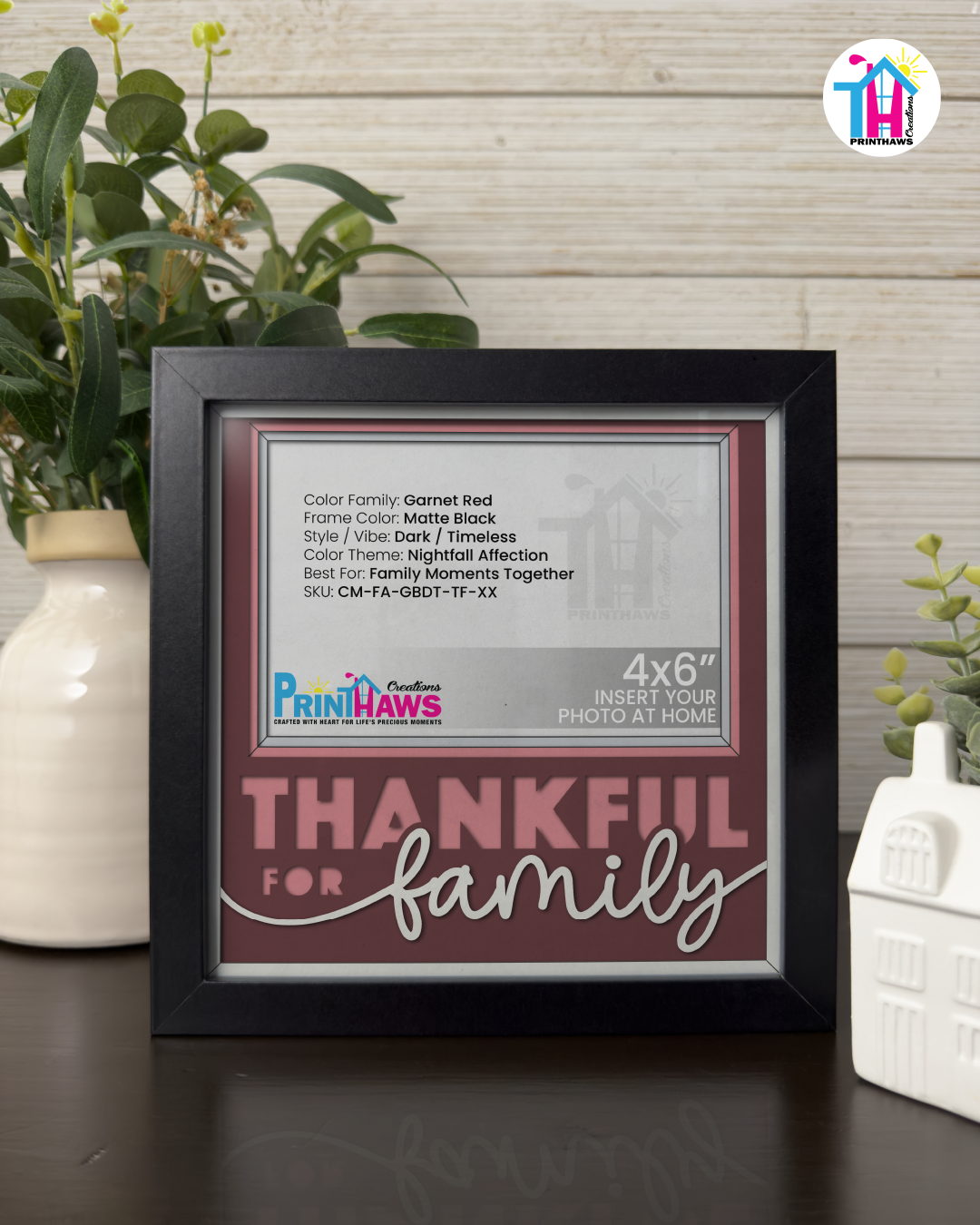 Thankful For Family - Crafted Memoirs Photo Frame By Printhaws Creations, Matte Black Frame In Garnet Red, Nightfall Affection Theme (Dark, Timeless), 8x8 Frame Holds (4R) Photo -  For Family Moments Together