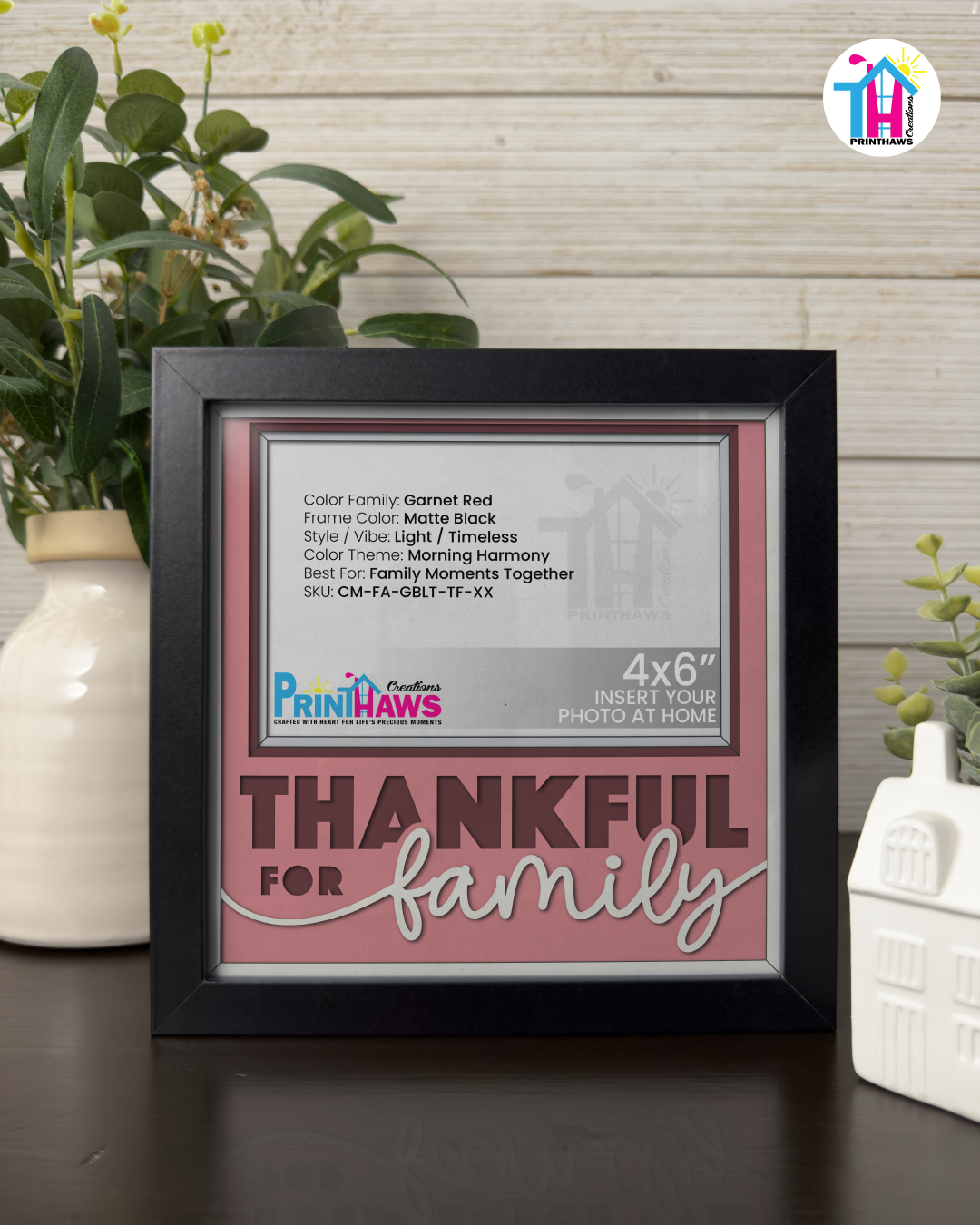 Thankful For Family - Crafted Memoirs Photo Frame By Printhaws Creations, Matte Black Frame In Garnet Red, Morning Harmony Theme (Light, Timeless), 8x8 Frame Holds (4R) Photo -  For Family Moments Together