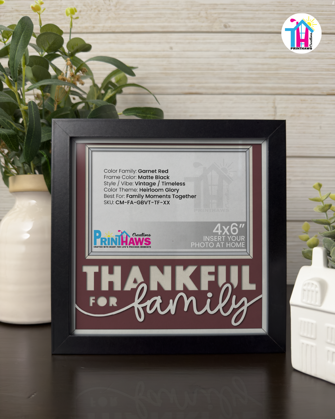 Thankful For Family - Crafted Memoirs Photo Frame By Printhaws Creations, Matte Black Frame In Garnet Red, Heirloom Glory Theme (Vintage, Timeless), 8x8 Frame Holds (4R) Photo -  For Family Moments Together