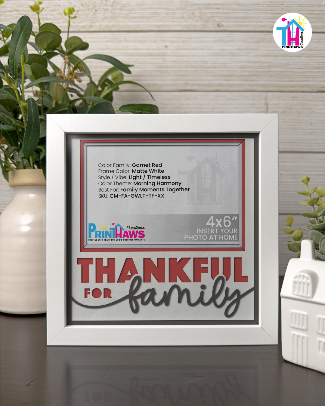 Thankful For Family - Crafted Memoirs Photo Frame By Printhaws Creations, Matte White Frame In Garnet Red, Morning Harmony Theme (Light, Timeless), 8x8 Frame Holds (4R) Photo -  For Family Moments Together