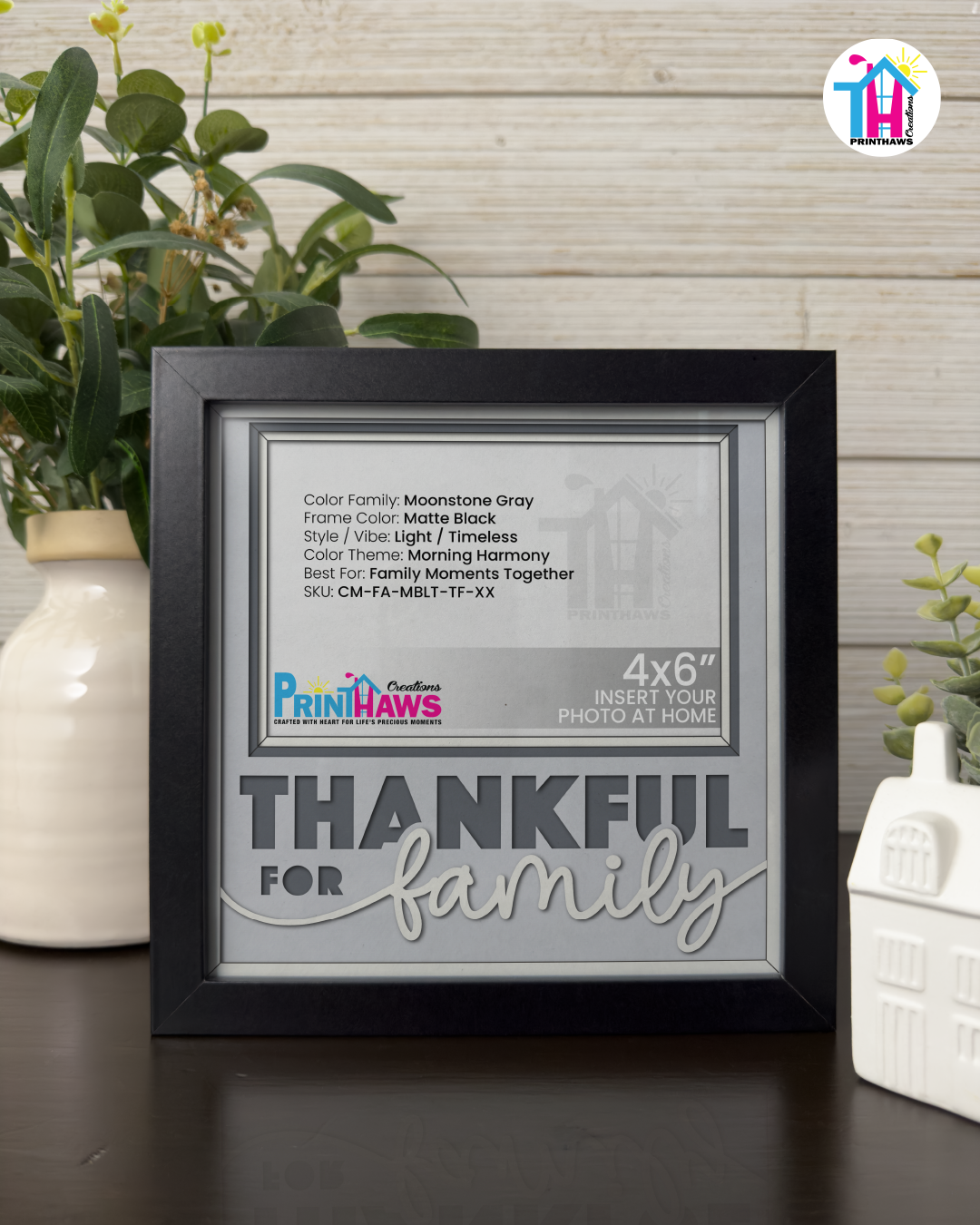 Thankful For Family - Crafted Memoirs Photo Frame By Printhaws Creations, Matte Black Frame In Moonstone Gray, Morning Harmony Theme (Light, Timeless), 8x8 Frame Holds (4R) Photo -  For Family Moments Together