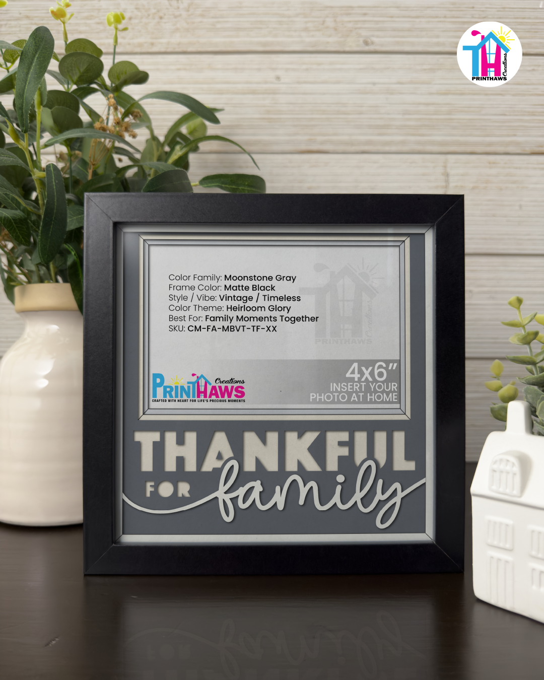 Thankful For Family - Crafted Memoirs Photo Frame By Printhaws Creations, Matte Black Frame In Moonstone Gray, Heirloom Glory Theme (Vintage, Timeless), 8x8 Frame Holds (4R) Photo -  For Family Moments Together