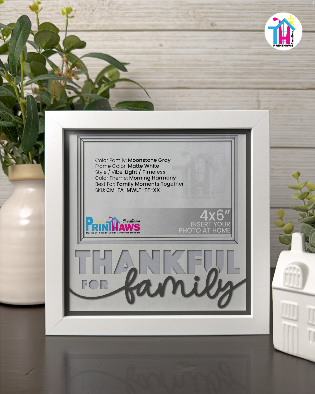 Thankful For Family - Crafted Memoirs Photo Frame By Printhaws Creations, Matte White Frame In Moonstone Gray, Morning Harmony Theme (Light, Timeless), 8x8 Frame Holds (4R) Photo -  For Family Moments Together