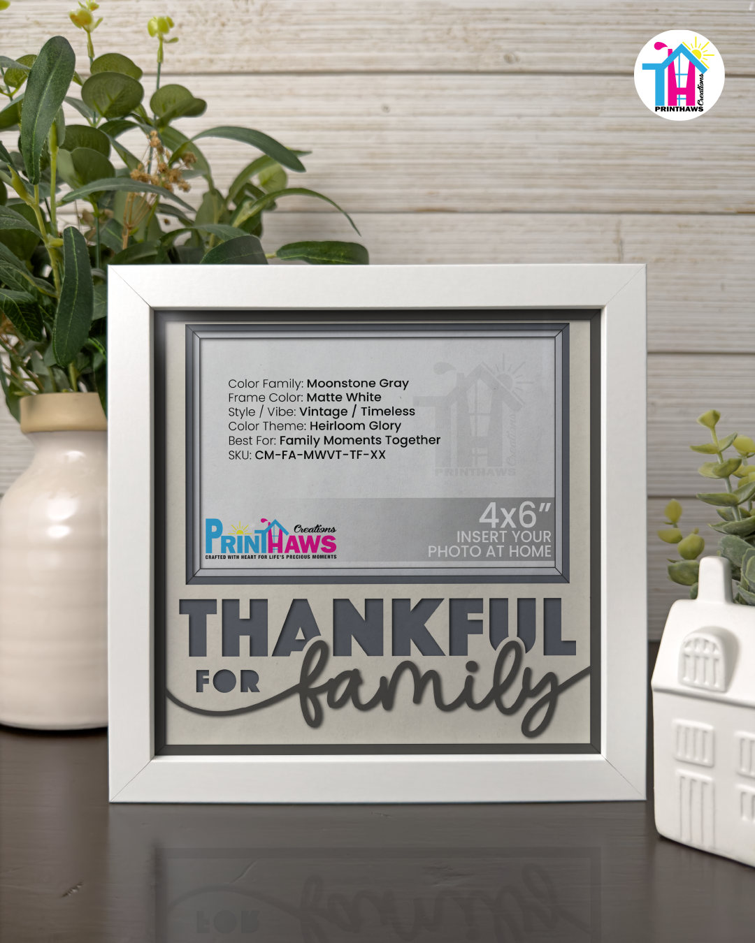 Thankful For Family - Crafted Memoirs Photo Frame By Printhaws Creations, Matte White Frame In Moonstone Gray, Heirloom Glory Theme (Vintage, Timeless), 8x8 Frame Holds (4R) Photo -  For Family Moments Together