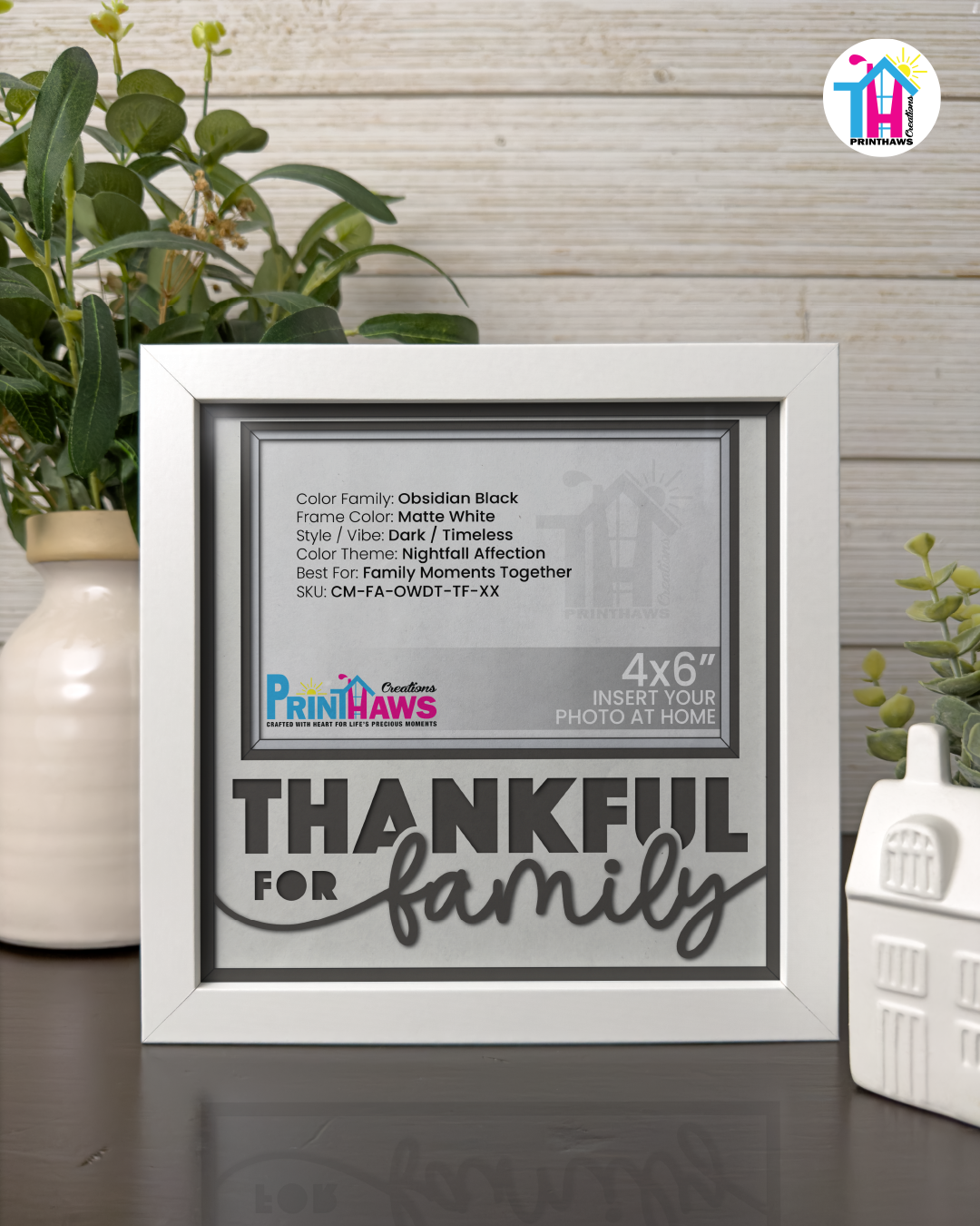 Thankful For Family - Crafted Memoirs Photo Frame By Printhaws Creations, Matte White Frame In Obsidian Black, Nightfall Affection Theme (Dark, Timeless), 8x8 Frame Holds (4R) Photo -  For Family Moments Together