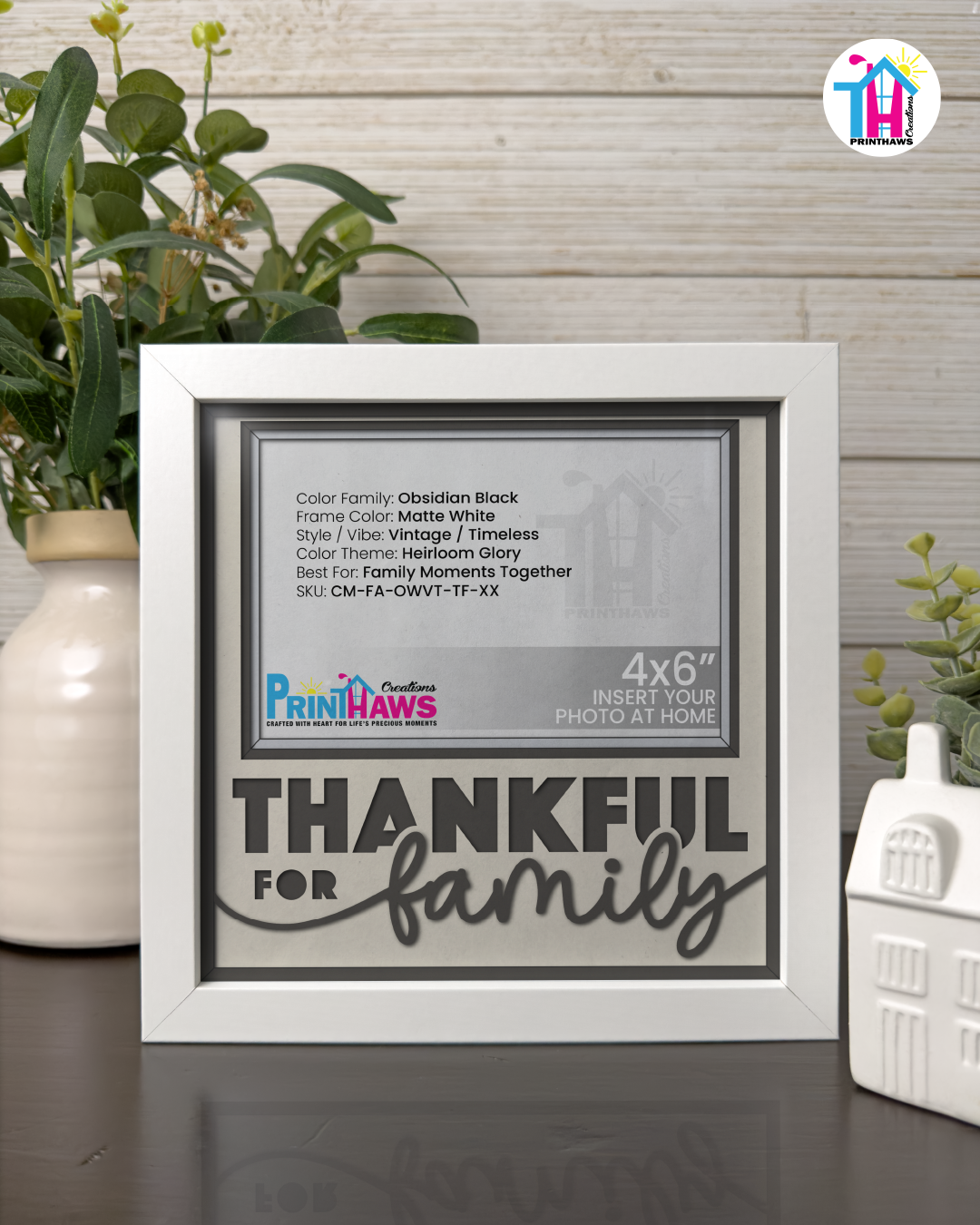 Thankful For Family - Crafted Memoirs Photo Frame By Printhaws Creations, Matte White Frame In Obsidian Black, Heirloom Glory Theme (Vintage, Timeless), 8x8 Frame Holds (4R) Photo -  For Family Moments Together