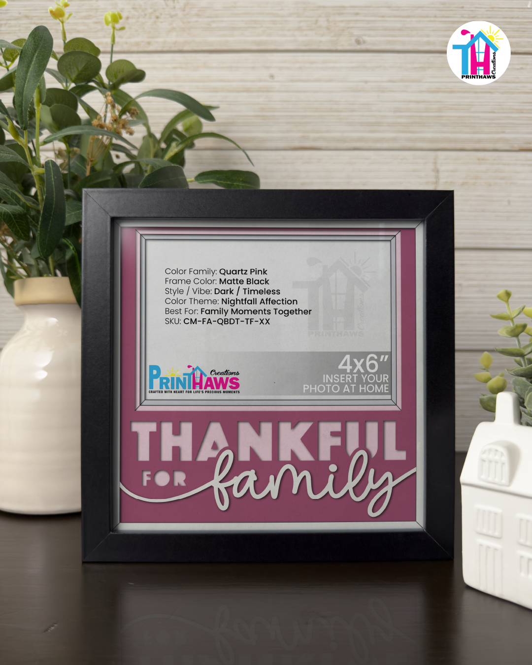 Thankful For Family - Crafted Memoirs Photo Frame By Printhaws Creations, Matte Black Frame In Quartz Pink, Nightfall Affection Theme (Dark, Timeless), 8x8 Frame Holds (4R) Photo -  For Family Moments Together