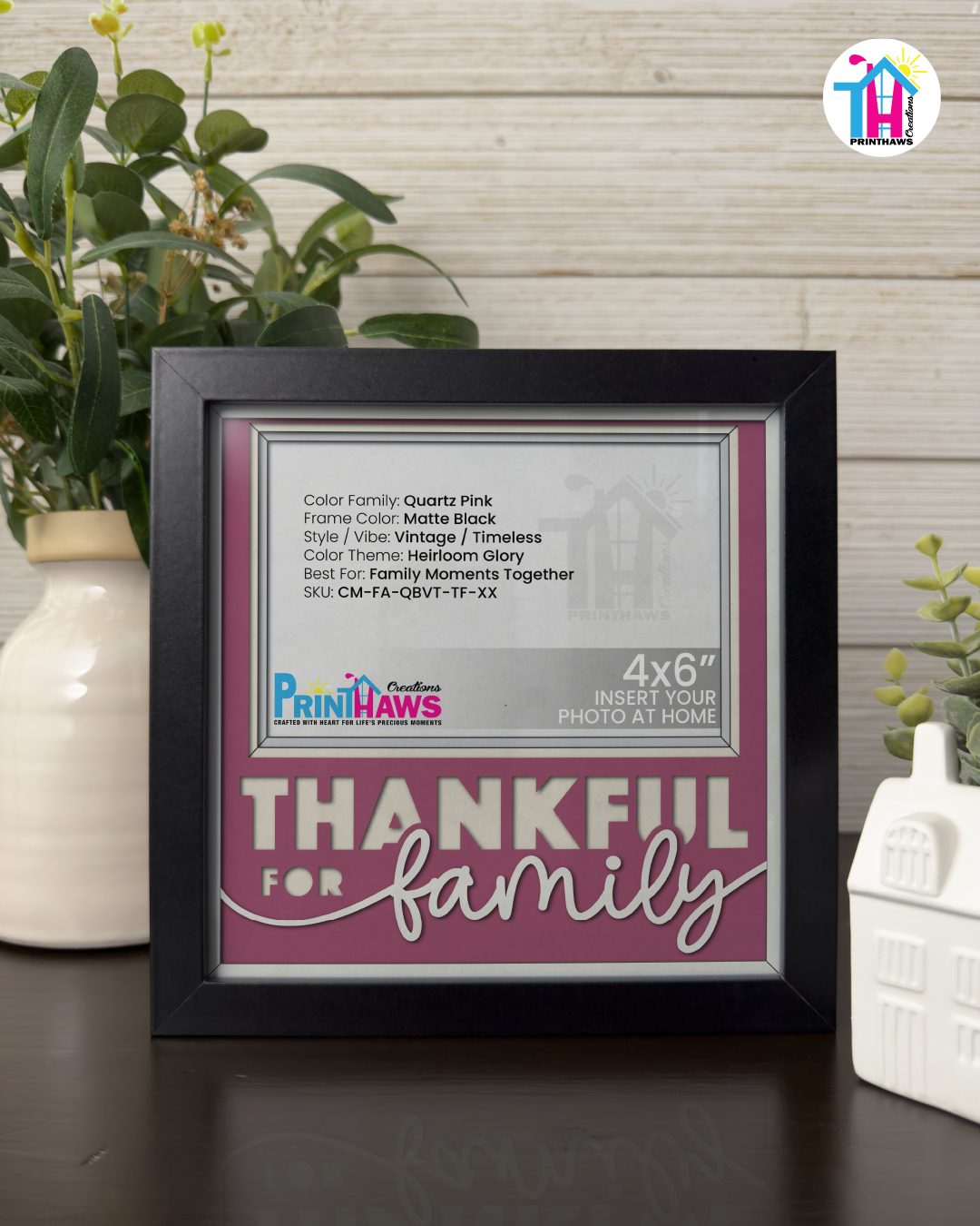 Thankful For Family - Crafted Memoirs Photo Frame By Printhaws Creations, Matte Black Frame In Quartz Pink, Heirloom Glory Theme (Vintage, Timeless), 8x8 Frame Holds (4R) Photo -  For Family Moments Together