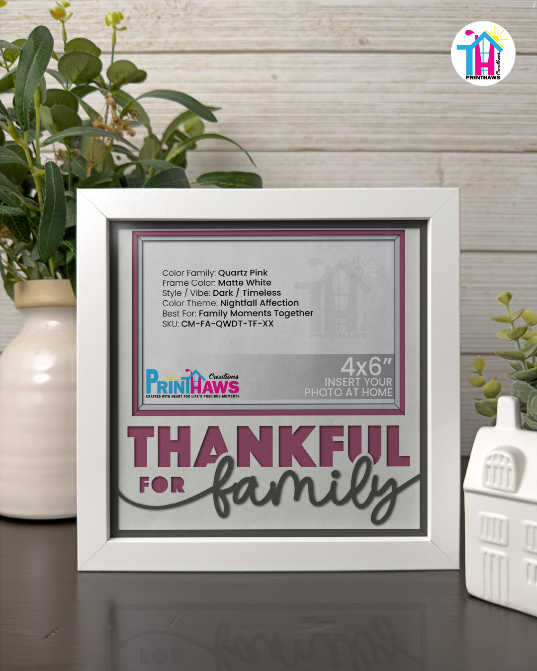 Thankful For Family - Crafted Memoirs Photo Frame By Printhaws Creations, Matte White Frame In Quartz Pink, Nightfall Affection Theme (Dark, Timeless), 8x8 Frame Holds (4R) Photo -  For Family Moments Together