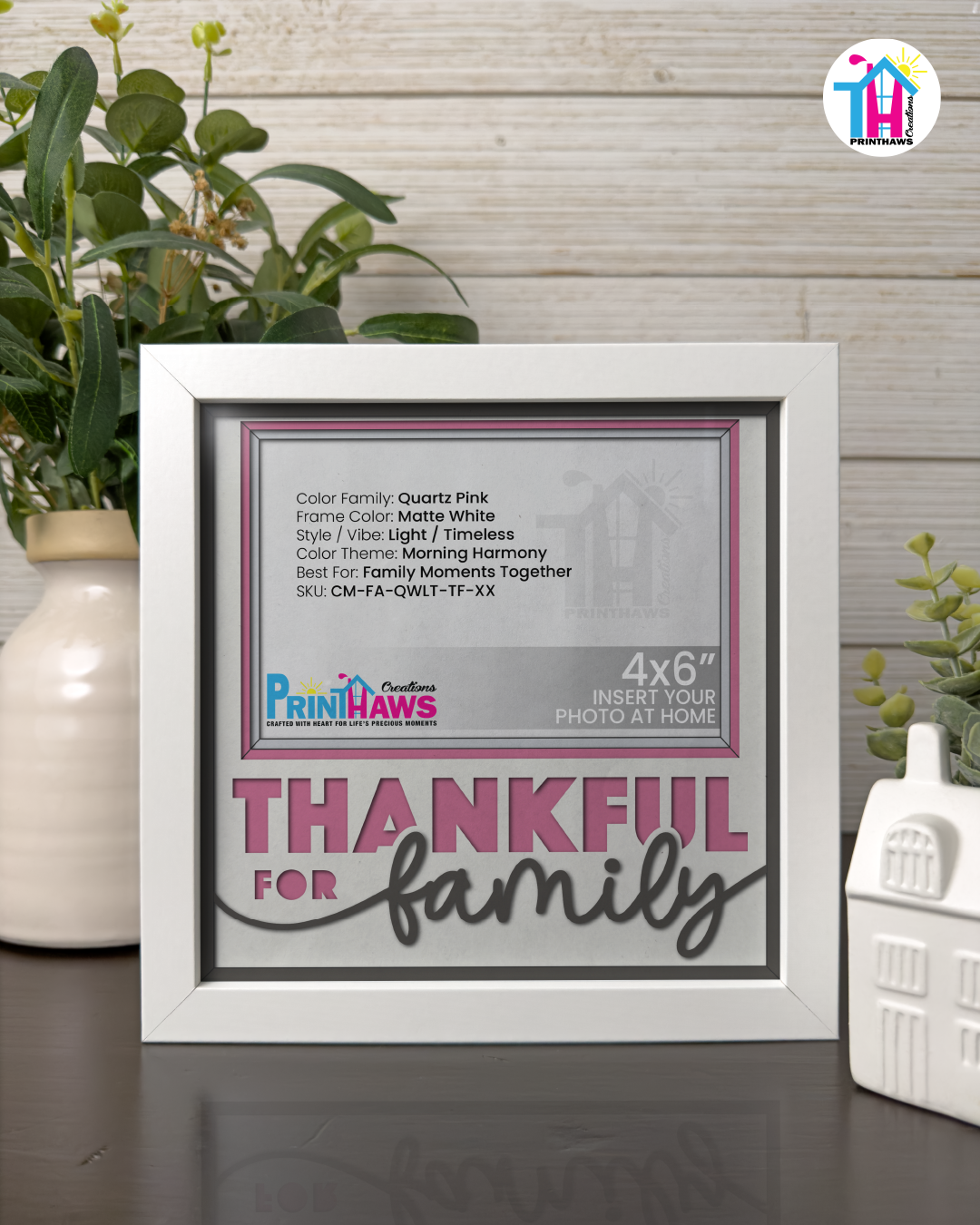 Thankful For Family - Crafted Memoirs Photo Frame By Printhaws Creations, Matte White Frame In Quartz Pink, Morning Harmony Theme (Light, Timeless), 8x8 Frame Holds (4R) Photo -  For Family Moments Together