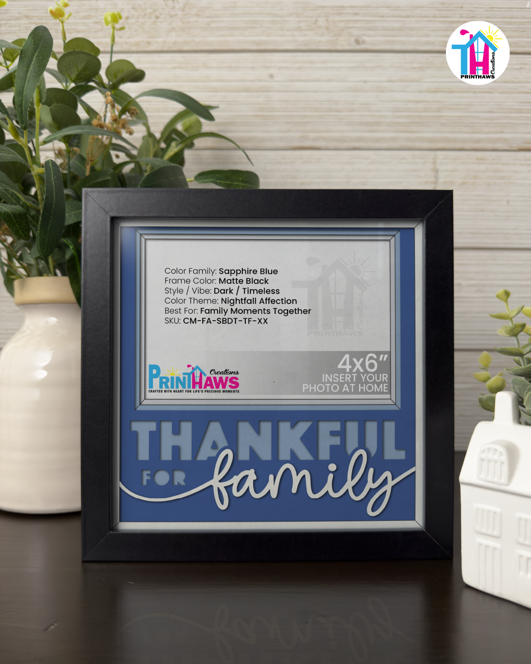 Thankful For Family - Crafted Memoirs Photo Frame By Printhaws Creations, Matte Black Frame In Sapphire Blue, Nightfall Affection Theme (Dark, Timeless), 8x8 Frame Holds (4R) Photo -  For Family Moments Together
