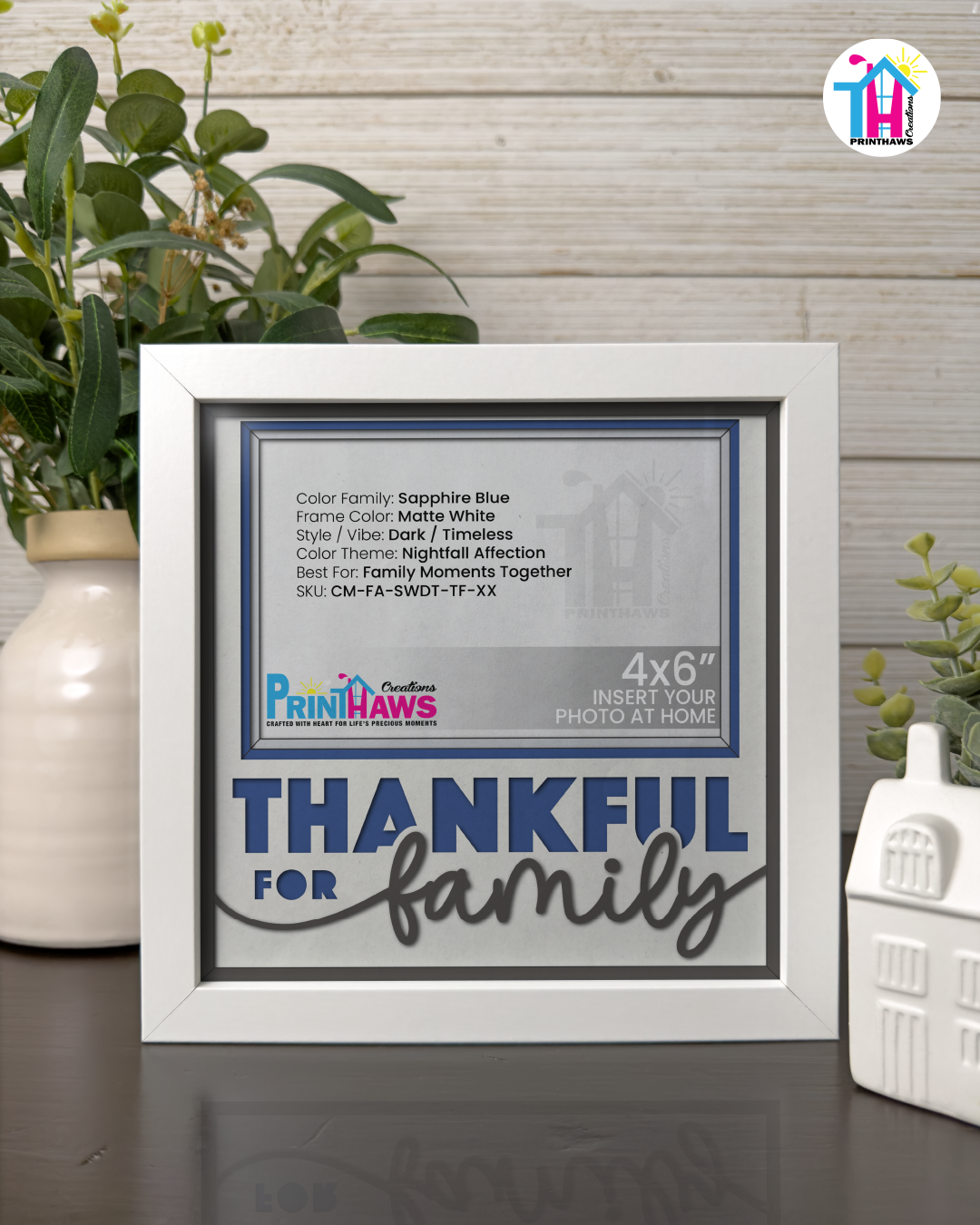Thankful For Family - Crafted Memoirs Photo Frame By Printhaws Creations, Matte White Frame In Sapphire Blue, Nightfall Affection Theme (Dark, Timeless), 8x8 Frame Holds (4R) Photo -  For Family Moments Together