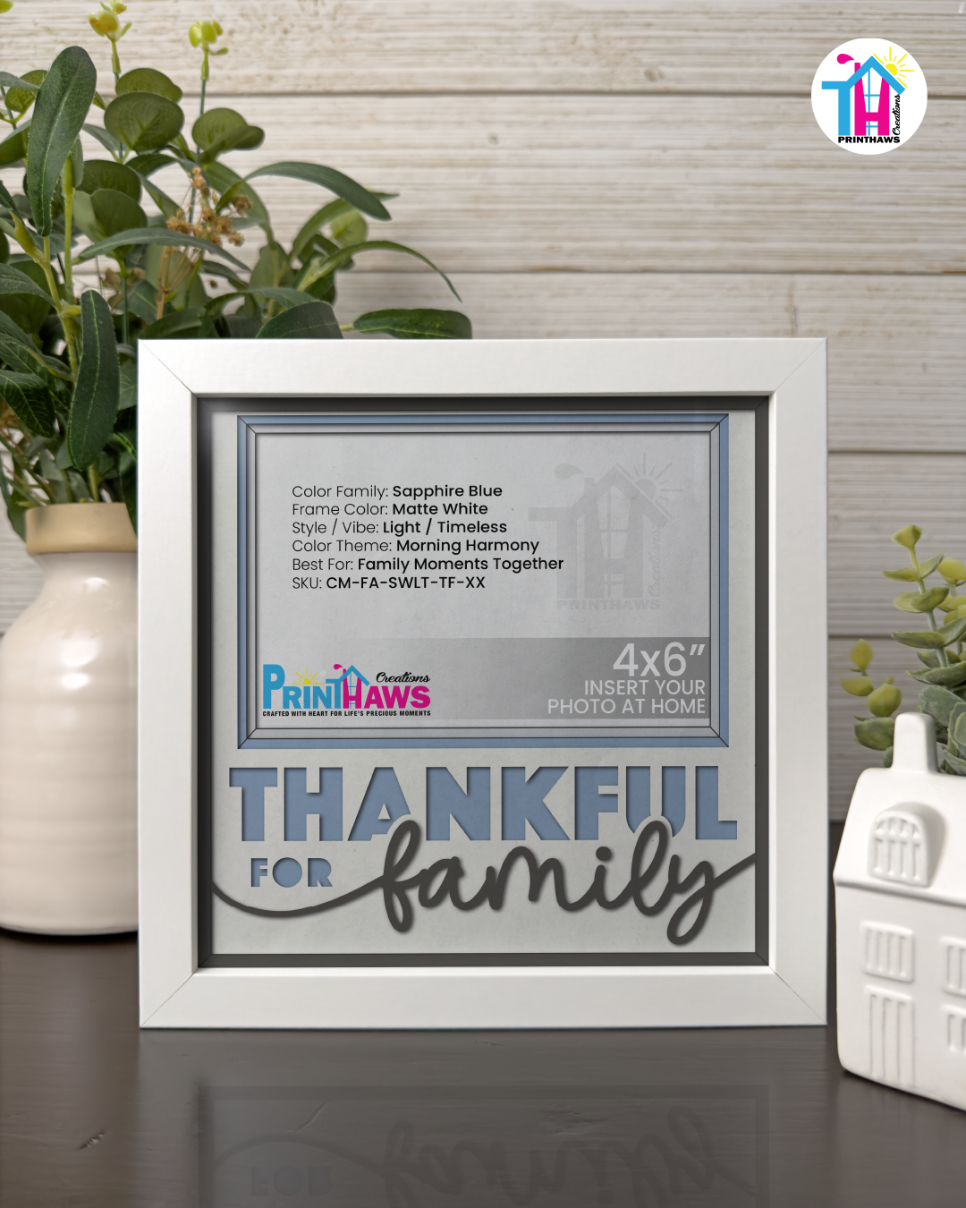 Thankful For Family - Crafted Memoirs Photo Frame By Printhaws Creations, Matte White Frame In Sapphire Blue, Morning Harmony Theme (Light, Timeless), 8x8 Frame Holds (4R) Photo -  For Family Moments Together
