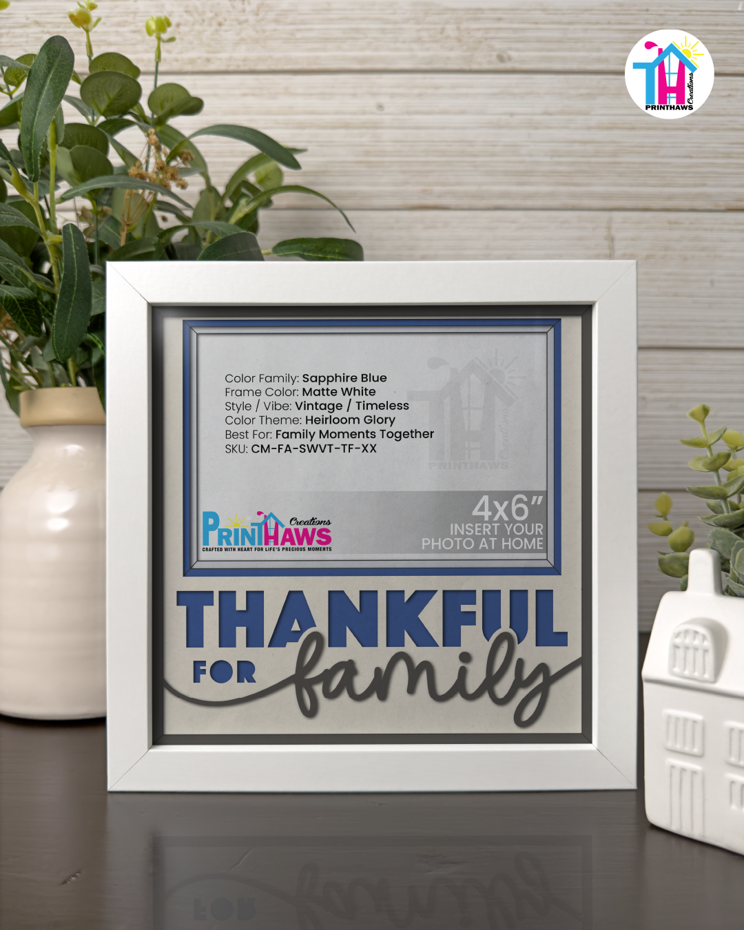 Thankful For Family - Crafted Memoirs Photo Frame By Printhaws Creations, Matte White Frame In Sapphire Blue, Heirloom Glory Theme (Vintage, Timeless), 8x8 Frame Holds (4R) Photo -  For Family Moments Together