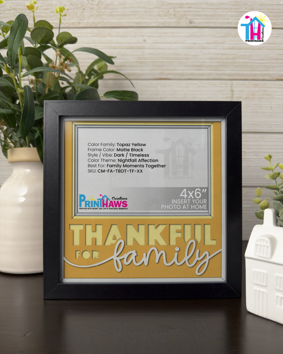 Thankful For Family - Crafted Memoirs Photo Frame By Printhaws Creations, Matte Black Frame In Topaz Yellow, Nightfall Affection Theme (Dark, Timeless), 8x8 Frame Holds (4R) Photo -  For Family Moments Together