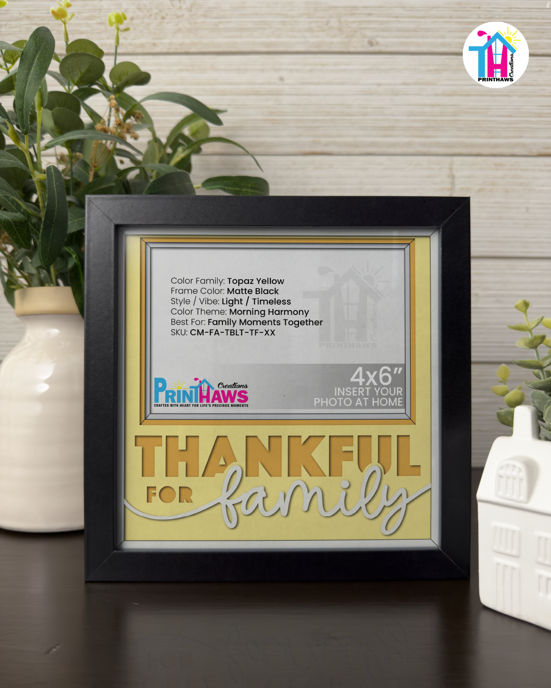 Thankful For Family - Crafted Memoirs Photo Frame By Printhaws Creations, Matte Black Frame In Topaz Yellow, Morning Harmony Theme (Light, Timeless), 8x8 Frame Holds (4R) Photo -  For Family Moments Together