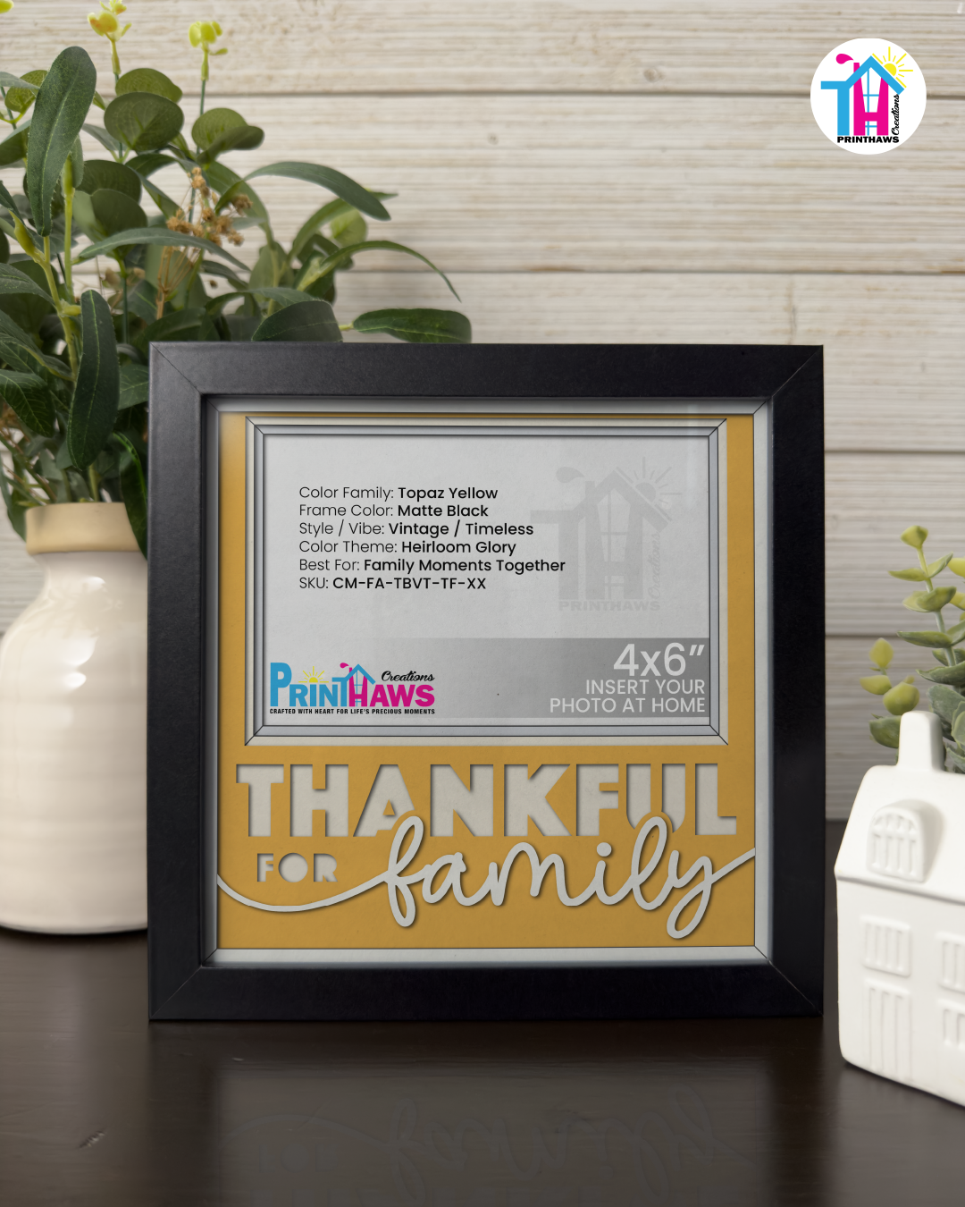 Thankful For Family - Crafted Memoirs Photo Frame By Printhaws Creations, Matte Black Frame In Topaz Yellow, Heirloom Glory Theme (Vintage, Timeless), 8x8 Frame Holds (4R) Photo -  For Family Moments Together