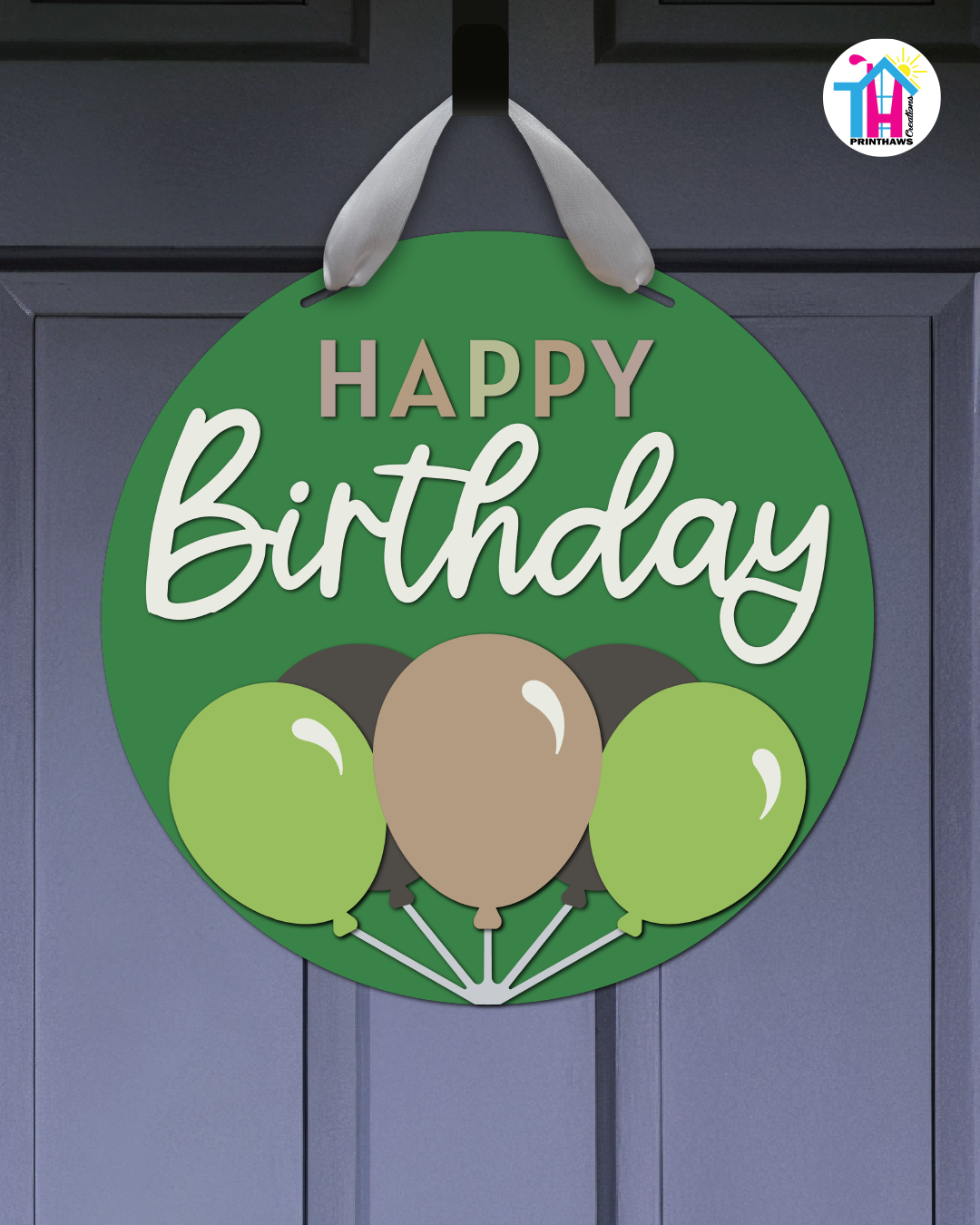 Pixel Grove - Birthday Door Hanger By Printhaws Creations, 16" Round Wooden Front Door Sign, Layered Hand-Painted Entryway Decor