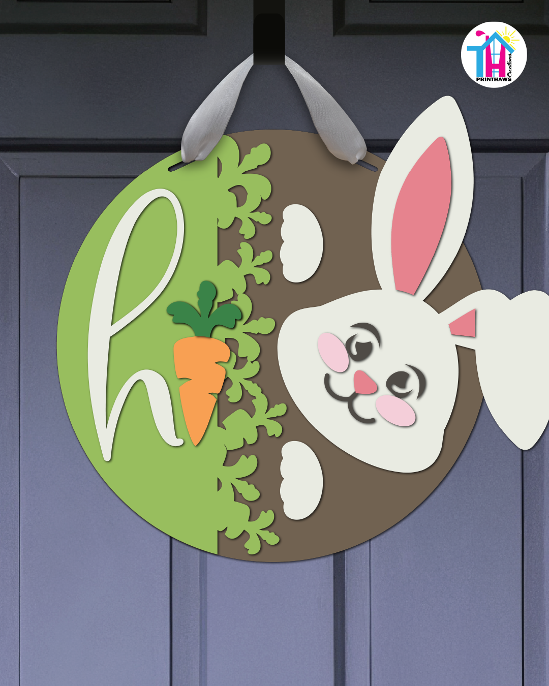 Bunny - Easter Door Hanger By Printhaws Creations, 16" Round Wooden Front Door Sign, Layered Hand-Painted Entryway Decor