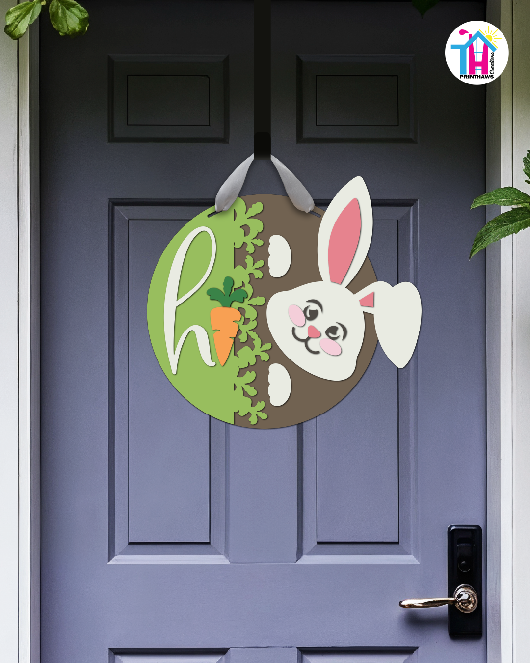 Bunny - Easter Door Hanger By Printhaws Creations, 16" Round Wooden Front Door Sign, Layered Hand-Painted Entryway Decor