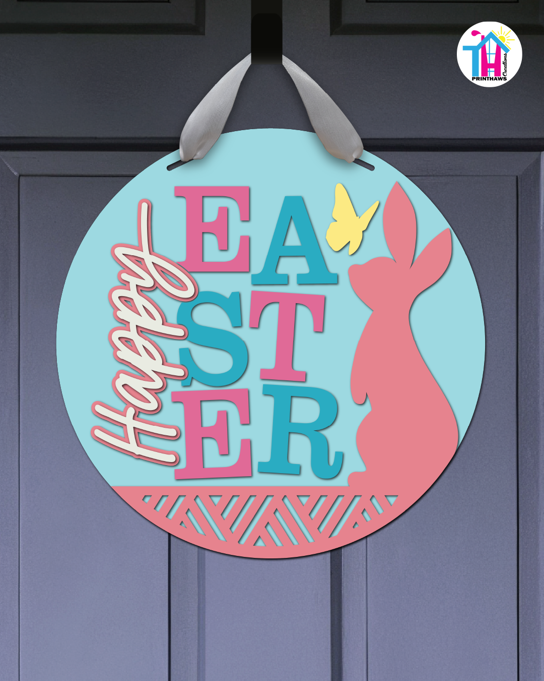 Butterfly - Easter Door Hanger By Printhaws Creations, 16" Round Wooden Front Door Sign, Layered Hand-Painted Entryway Decor
