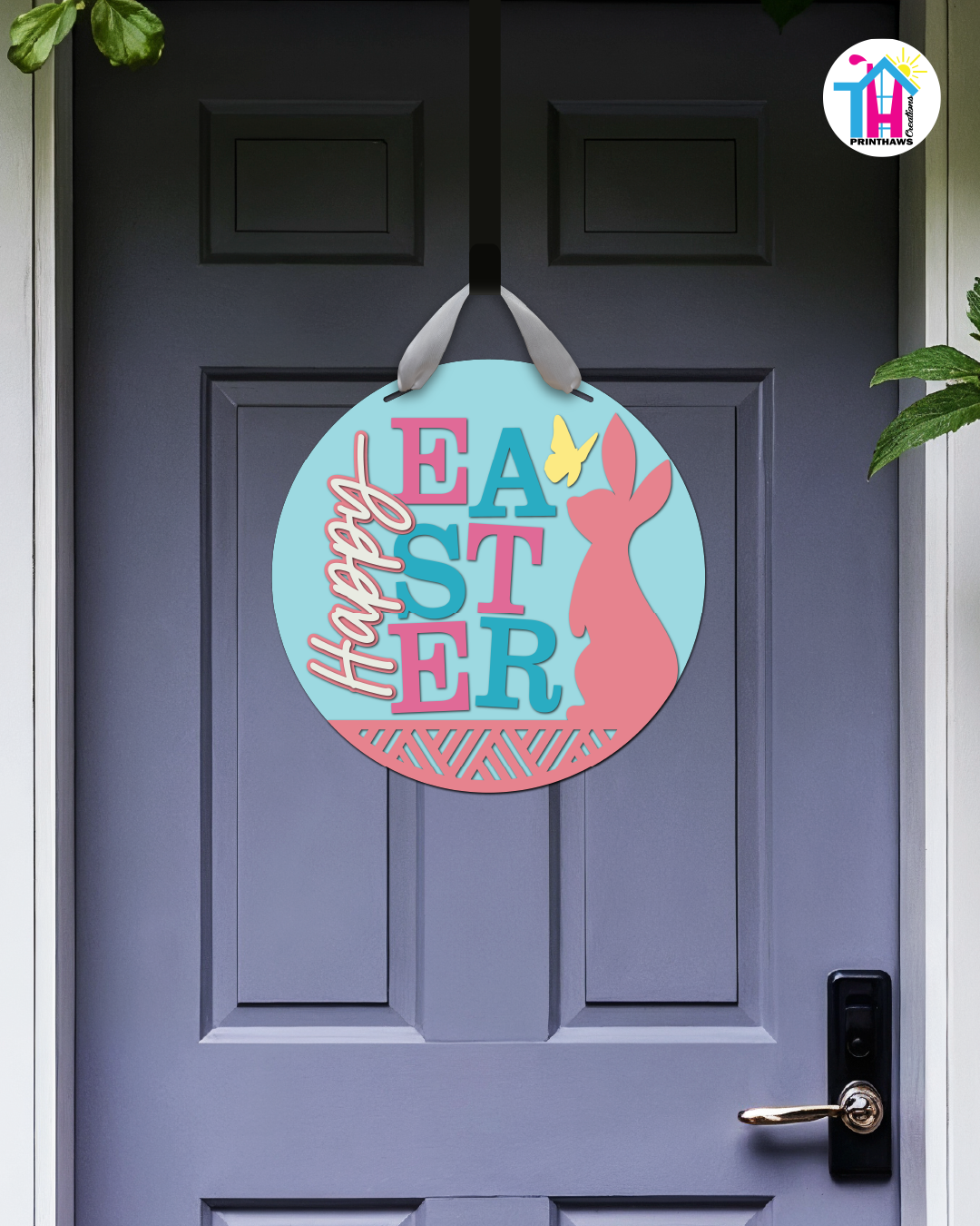 Butterfly - Easter Door Hanger By Printhaws Creations, 16" Round Wooden Front Door Sign, Layered Hand-Painted Entryway Decor