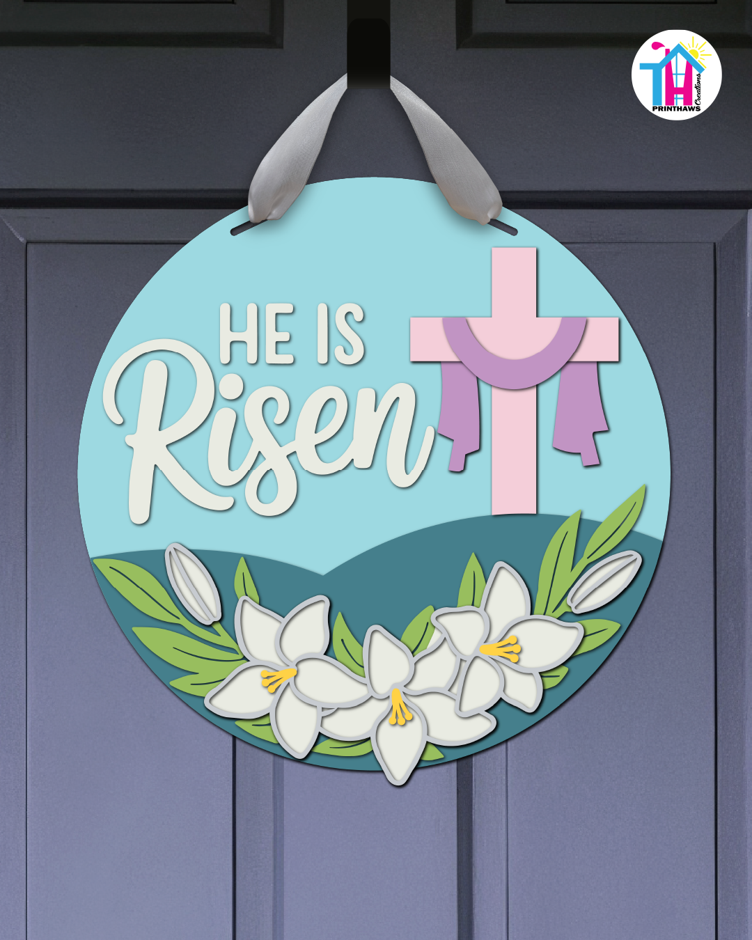 Cross - Easter Door Hanger By Printhaws Creations, 16" Round Wooden Front Door Sign, Layered Hand-Painted Entryway Decor