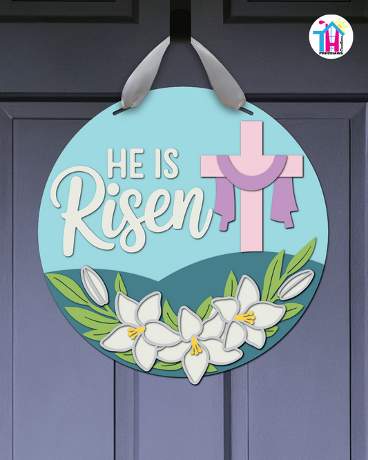 Cross - Easter Door Hanger By Printhaws Creations, 16" Round Wooden Front Door Sign, Layered Hand-Painted Entryway Decor