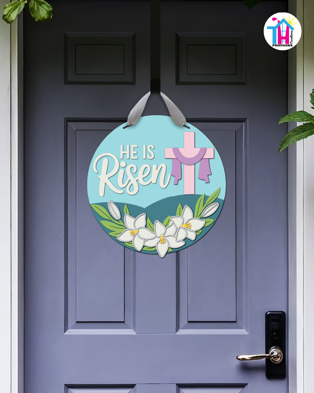 Cross - Easter Door Hanger By Printhaws Creations, 16" Round Wooden Front Door Sign, Layered Hand-Painted Entryway Decor