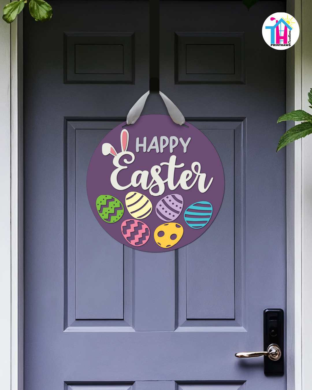 Eggs - Easter Door Hanger By Printhaws Creations, 16" Round Wooden Front Door Sign, Layered Hand-Painted Entryway Decor