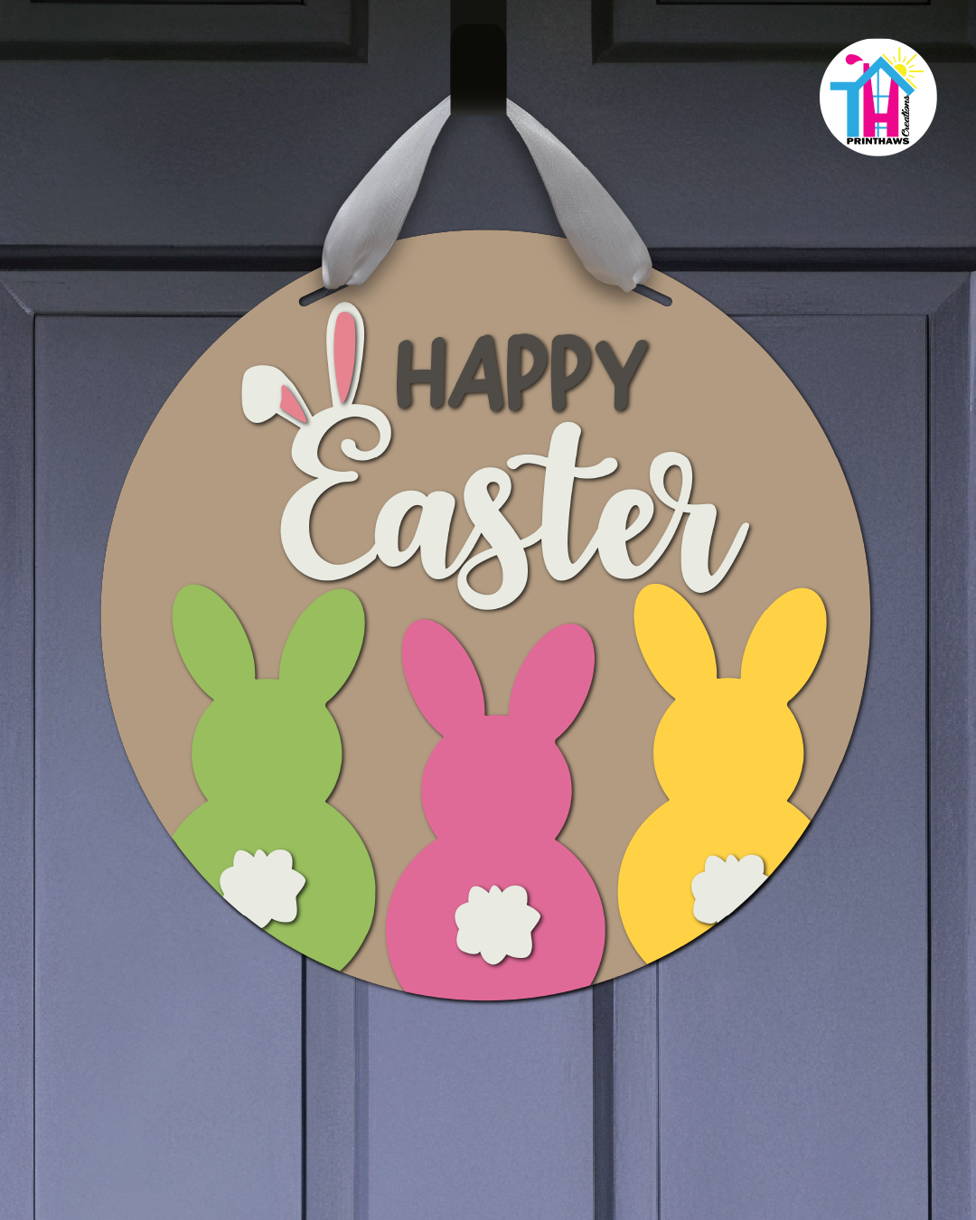 Fluffles - Easter Door Hanger By Printhaws Creations, 16" Round Wooden Front Door Sign, Layered Hand-Painted Entryway Decor