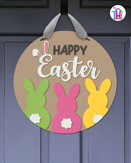 Fluffles - Easter Door Hanger By Printhaws Creations, 16" Round Wooden Front Door Sign, Layered Hand-Painted Entryway Decor