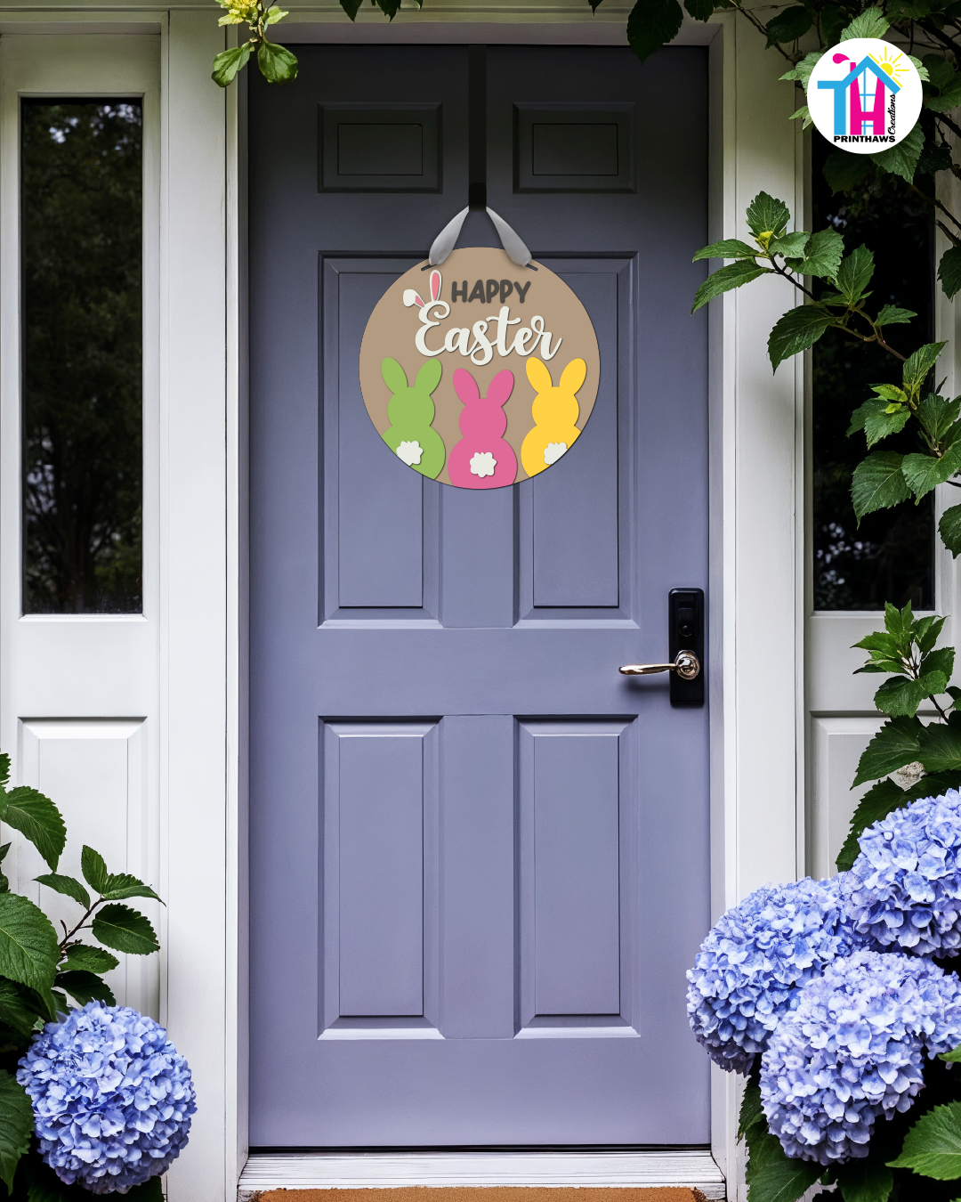 Fluffles - Easter Door Hanger By Printhaws Creations, 16" Round Wooden Front Door Sign, Layered Hand-Painted Entryway Decor