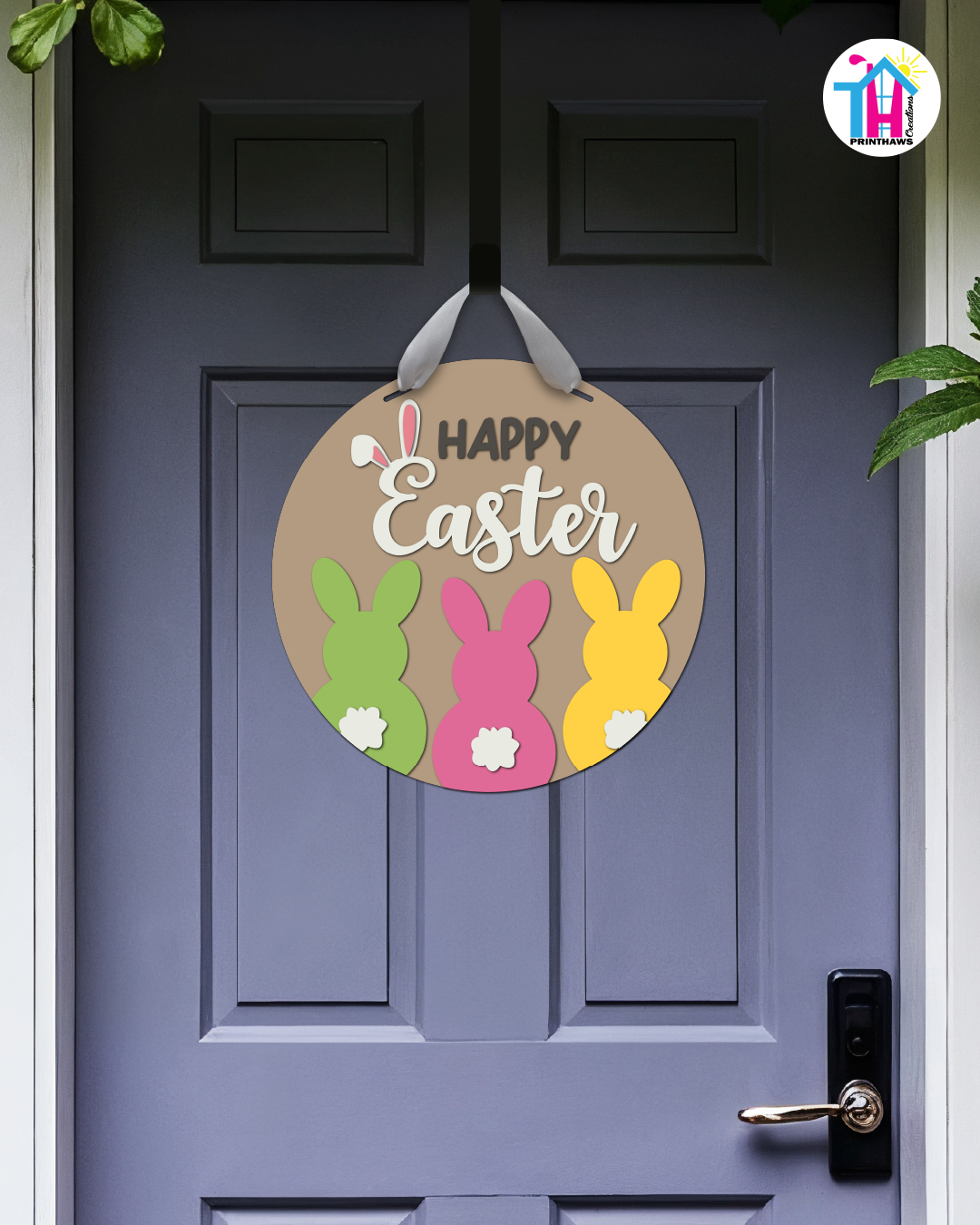 Fluffles - Easter Door Hanger By Printhaws Creations, 16" Round Wooden Front Door Sign, Layered Hand-Painted Entryway Decor
