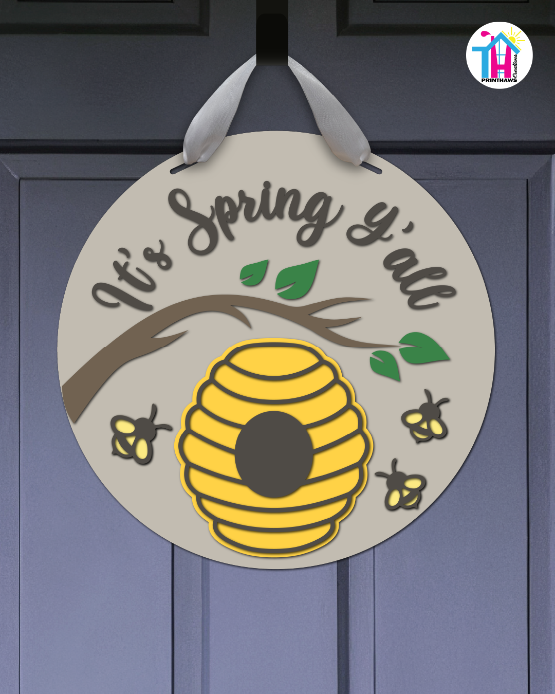 Bee - Spring Door Hanger By Printhaws Creations, 16" Round Wooden Front Door Sign, Layered Hand-Painted Entryway Decor