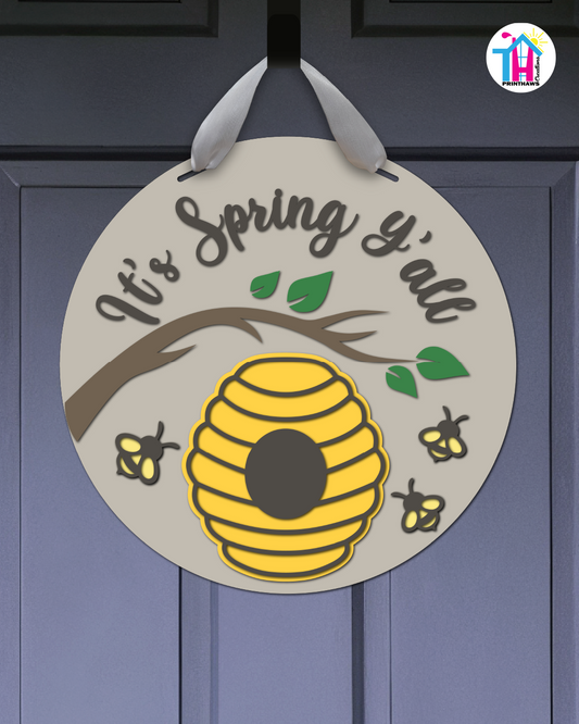 Bee - Spring Door Hanger By Printhaws Creations, 16" Round Wooden Front Door Sign, Layered Hand-Painted Entryway Decor