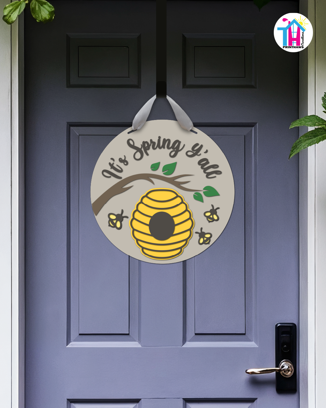 Bee - Spring Door Hanger By Printhaws Creations, 16" Round Wooden Front Door Sign, Layered Hand-Painted Entryway Decor