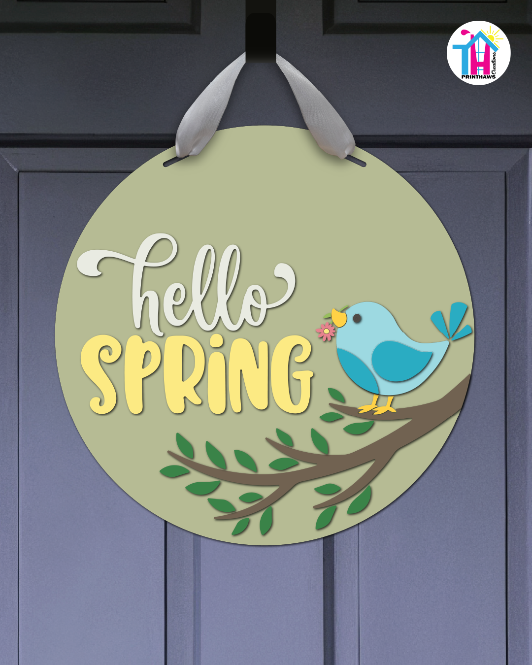 Blue Bird - Spring Door Hanger By Printhaws Creations, 16" Round Wooden Front Door Sign, Layered Hand-Painted Entryway Decor